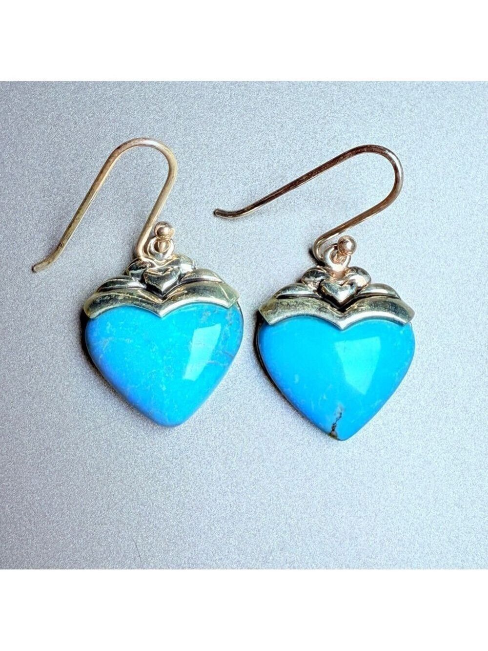 Sterling Silver 925 Turquoise Heart Dangle Southwestern 1.25" Hook Earrings